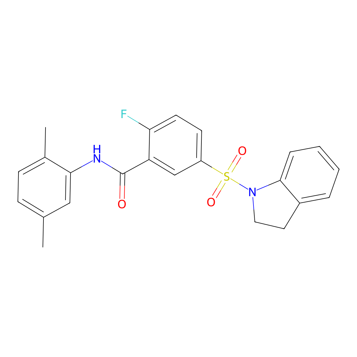 N-(2,5-dimethylphenyl)-2-fluoro-5-(indolin-1-ylsulfonyl)benzamide molecular structure, CAS 451483-73-1