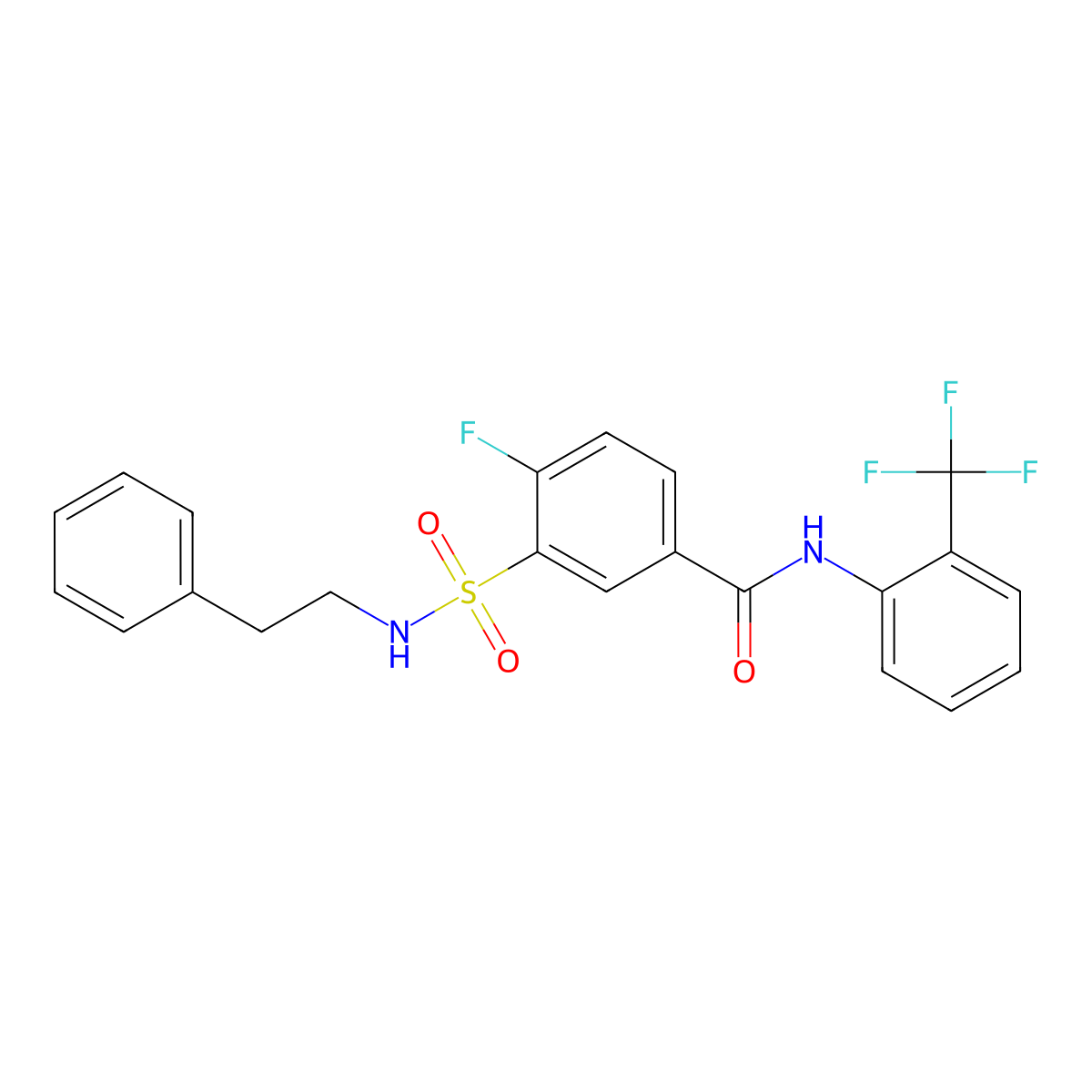 4-fluoro-3-(N-phenethylsulfamoyl)-N-(2-(trifluoromethyl)phenyl)benzamide molecular structure, CAS 451498-87-6