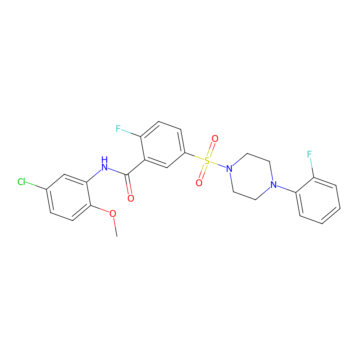 N-(5-chloro-2-methoxyphenyl)-2-fluoro-5-((4-(2-fluorophenyl)piperazin-1-yl)sulfonyl)benzamide molecular structure, CAS 451499-34-6