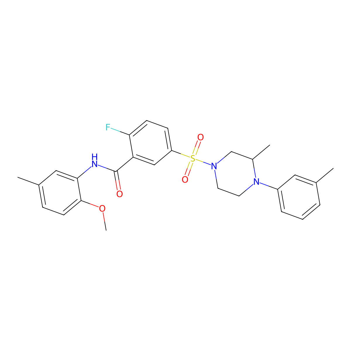 2-fluoro-N-(2-methoxy-5-methylphenyl)-5-((3-methyl-4-(m-tolyl)piperazin-1-yl)sulfonyl)benzamide molecular structure, CAS 451500-23-5