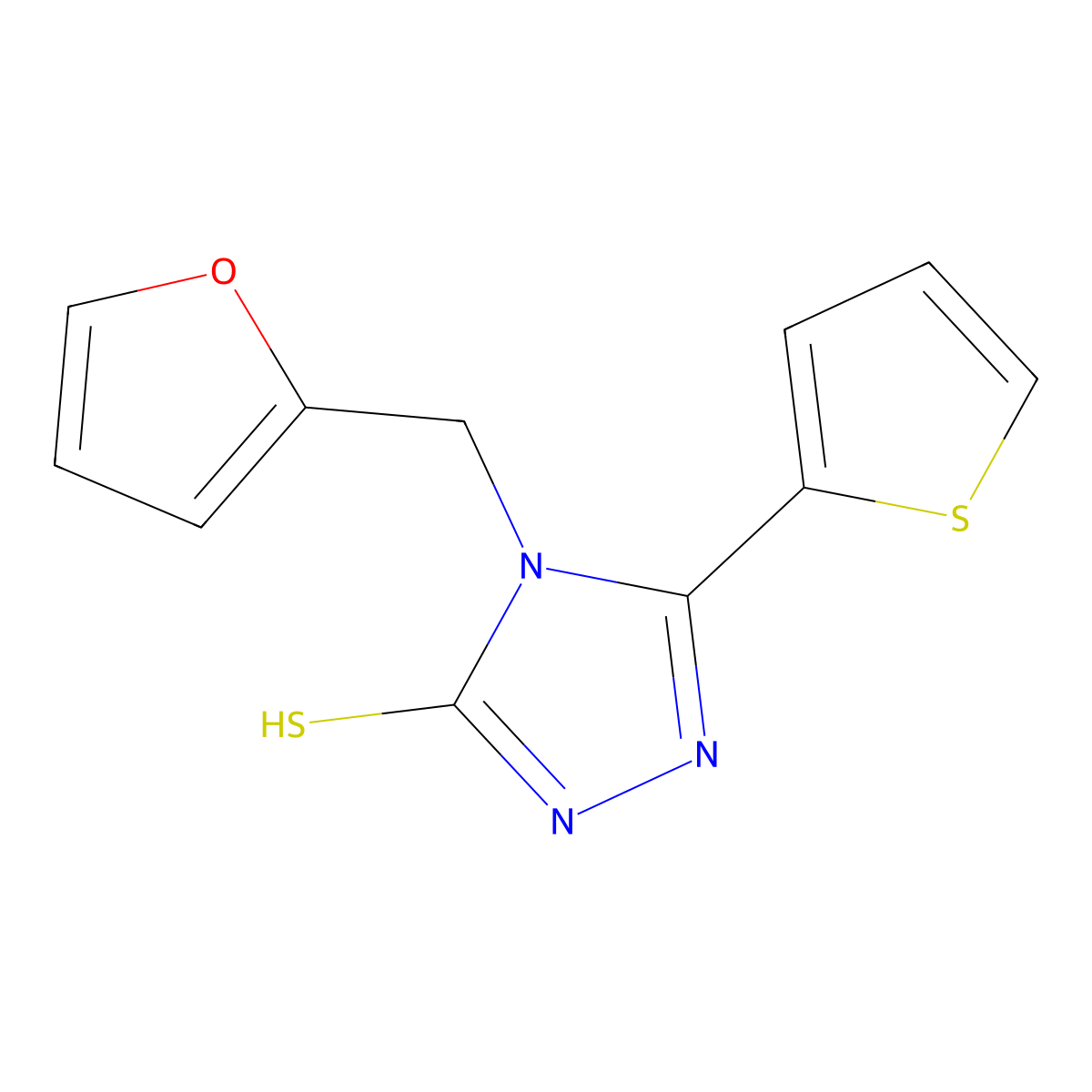 4-(furan-2-ylmethyl)-5-(thiophen-2-yl)-4H-1,2,4-triazole-3-thiol molecular structure, CAS 451502-30-0