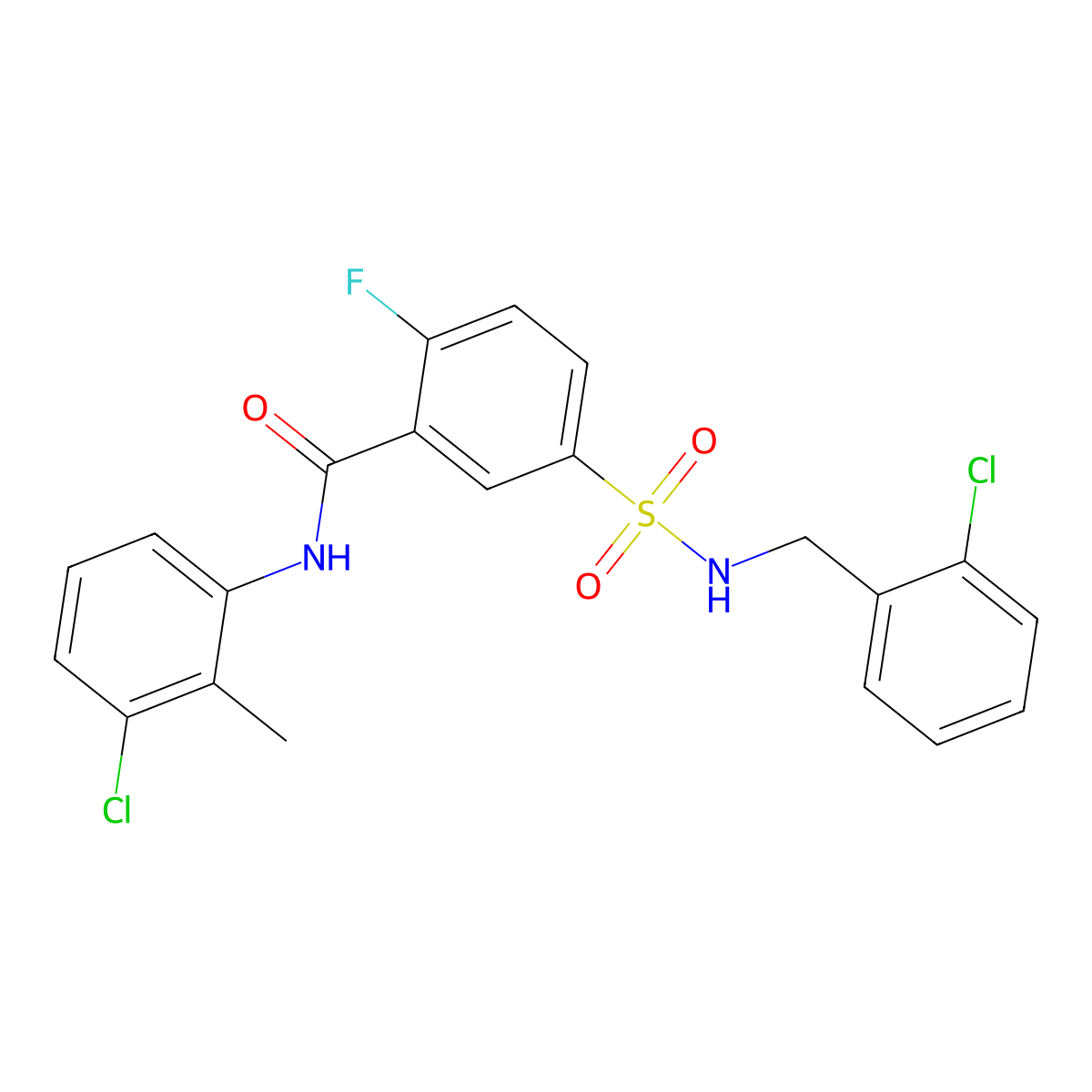 N-(3-chloro-2-methylphenyl)-5-(N-(2-chlorobenzyl)sulfamoyl)-2-fluorobenzamide molecular structure, CAS 451505-70-7