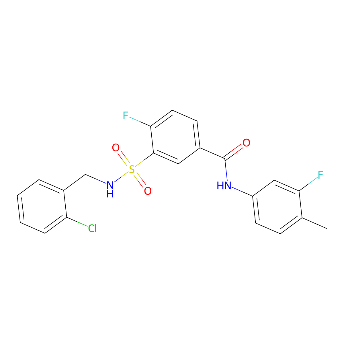 3-(N-(2-chlorobenzyl)sulfamoyl)-4-fluoro-N-(3-fluoro-4-methylphenyl)benzamide molecular structure, CAS 451508-00-2