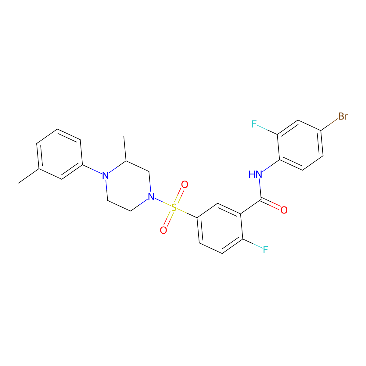 N-(4-bromo-2-fluorophenyl)-2-fluoro-5-((3-methyl-4-(m-tolyl)piperazin-1-yl)sulfonyl)benzamide molecular structure, CAS 451508-28-4