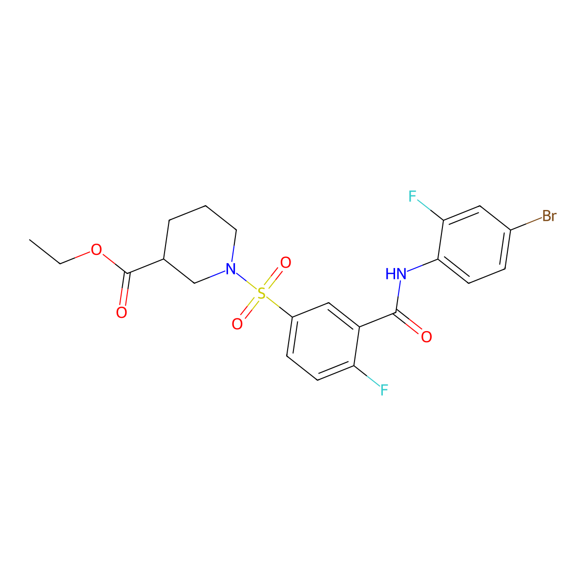 Ethyl 1-((3-((4-bromo-2-fluorophenyl)carbamoyl)-4-fluorophenyl)sulfonyl)piperidine-3-carboxylate molecular structure, CAS 451508-34-2