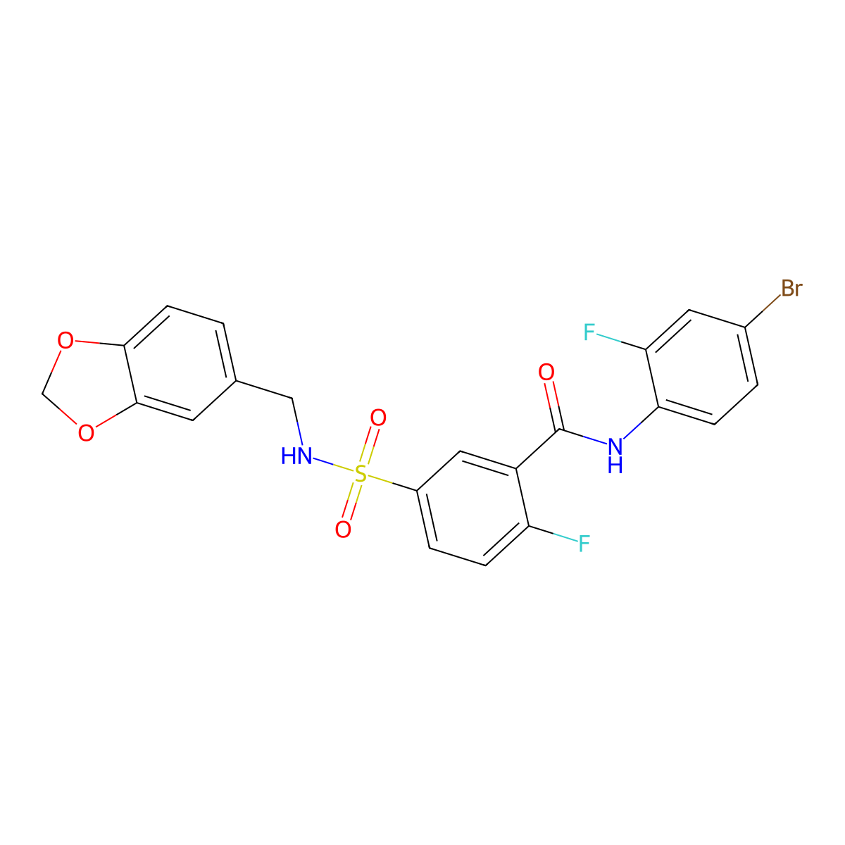 5-(N-(benzo[d][1,3]dioxol-5-ylmethyl)sulfamoyl)-N-(4-bromo-2-fluorophenyl)-2-fluorobenzamide molecular structure, CAS 451508-56-8