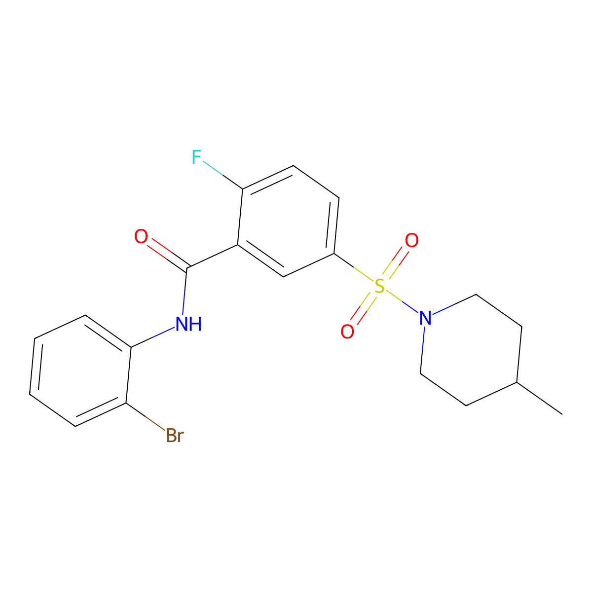 N-(2-bromophenyl)-2-fluoro-5-(4-methylpiperidin-1-yl)sulfonylbenzamide molecular structure, CAS 451510-51-3