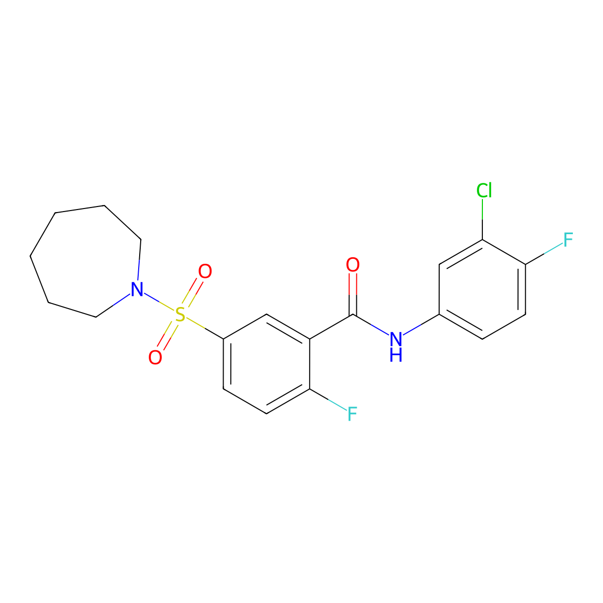 5-(azepan-1-ylsulfonyl)-N-(3-chloro-4-fluorophenyl)-2-fluorobenzamide molecular structure, CAS 451512-06-4