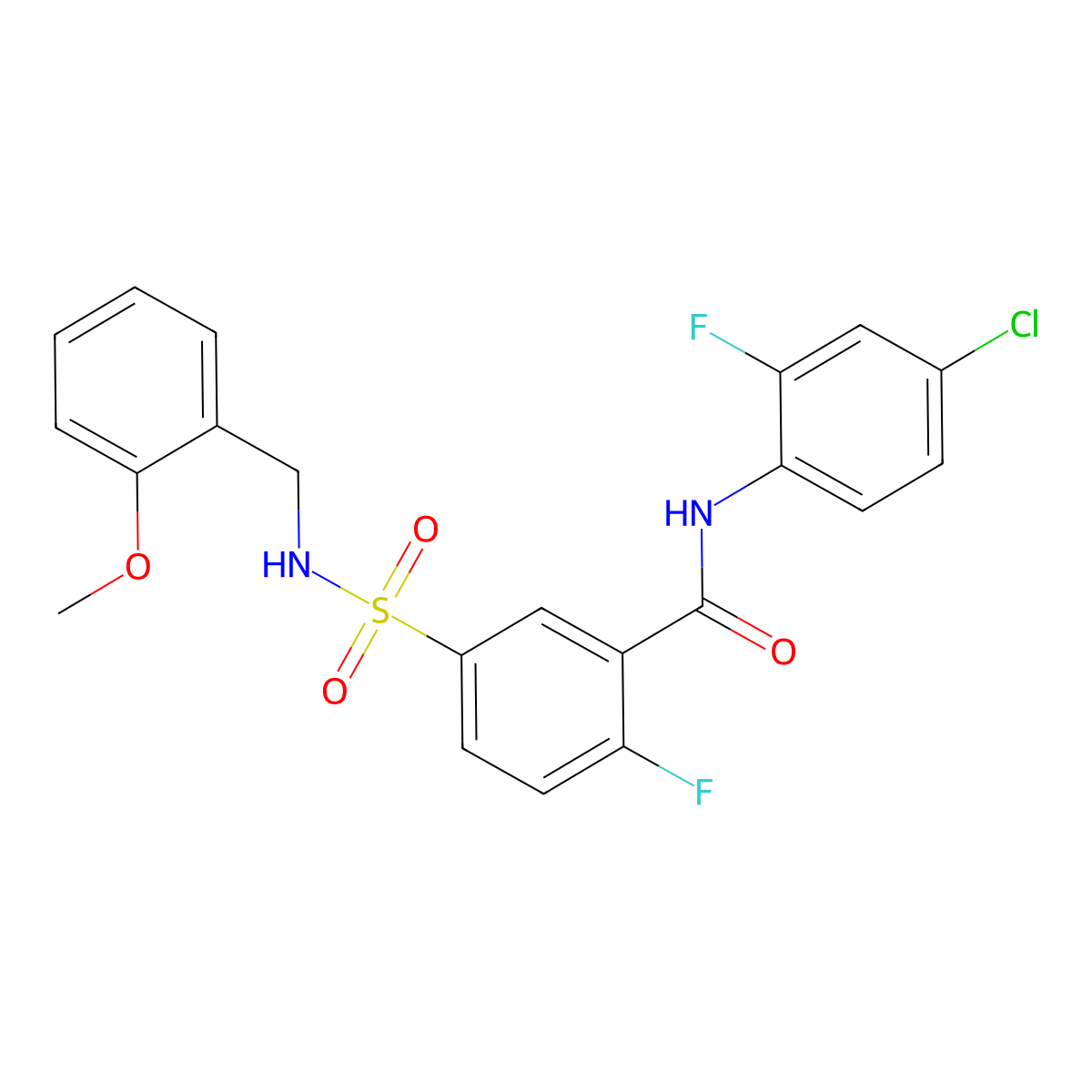 N-(4-chloro-2-fluorophenyl)-2-fluoro-5-(N-(2-methoxybenzyl)sulfamoyl)benzamide molecular structure, CAS 451512-15-5