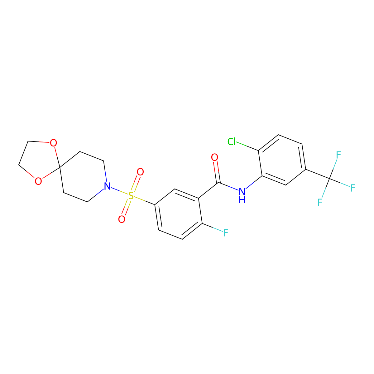 5-(1,4-dioxa-8-azaspiro[4.5]decan-8-ylsulfonyl)-N-(2-chloro-5-(trifluoromethyl)phenyl)-2-fluorobenzamide molecular structure, CAS 451512-24-6