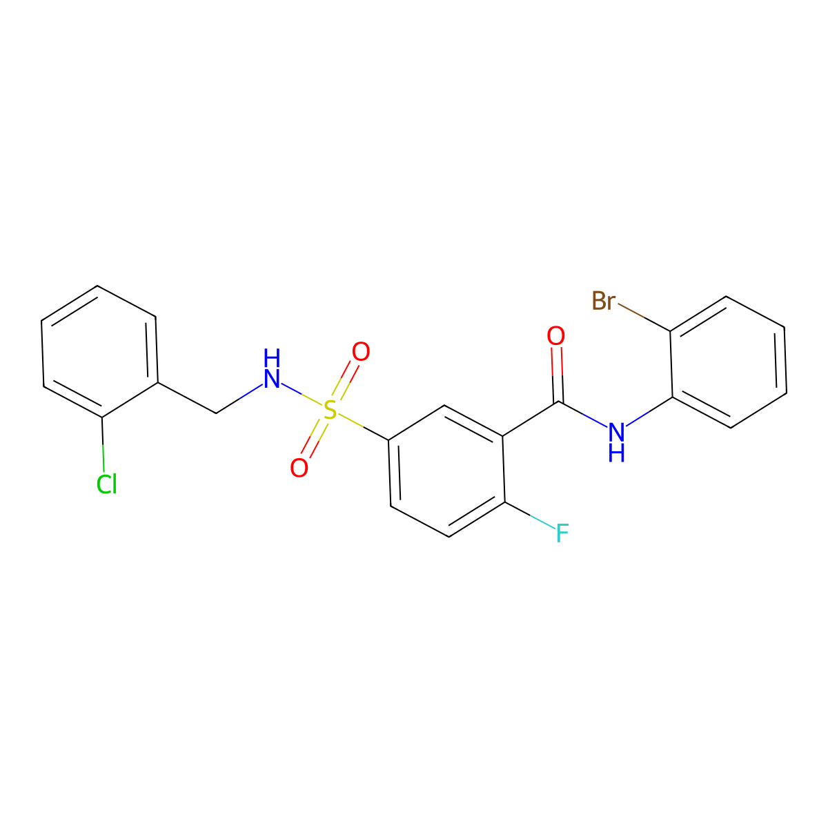 N-(2-bromophenyl)-5-(N-(2-chlorobenzyl)sulfamoyl)-2-fluorobenzamide molecular structure, CAS 451513-15-8