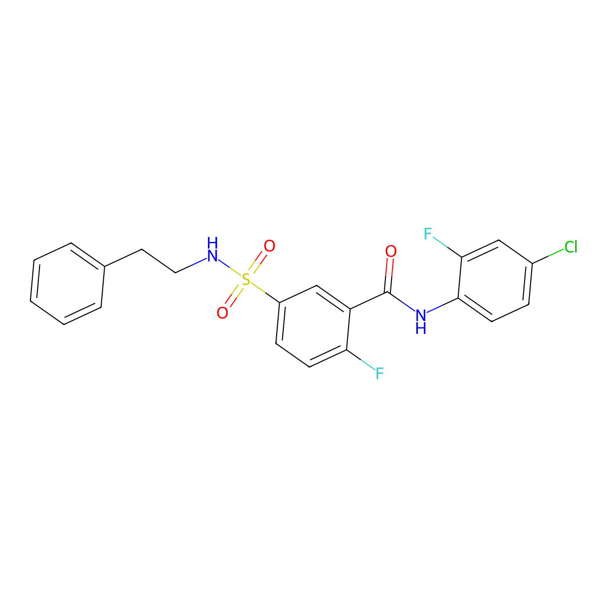 N-(4-chloro-2-fluorophenyl)-2-fluoro-5-(N-phenethylsulfamoyl)benzamide molecular structure, CAS 451513-62-5