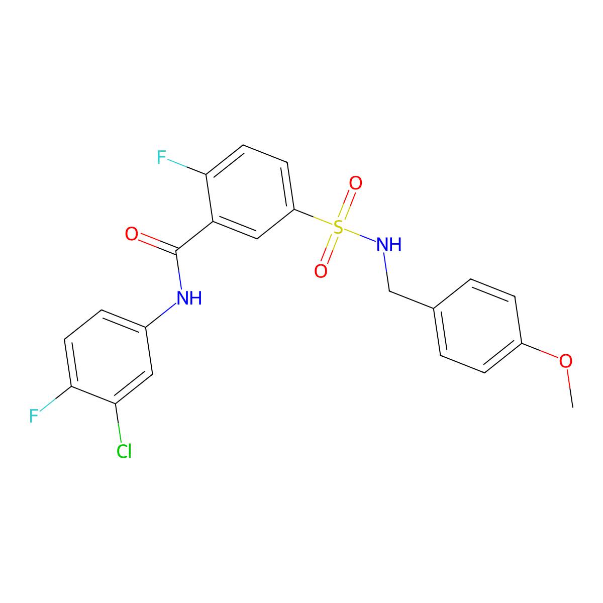 N-(3-chloro-4-fluorophenyl)-2-fluoro-5-(N-(4-methoxybenzyl)sulfamoyl)benzamide molecular structure, CAS 451515-15-4