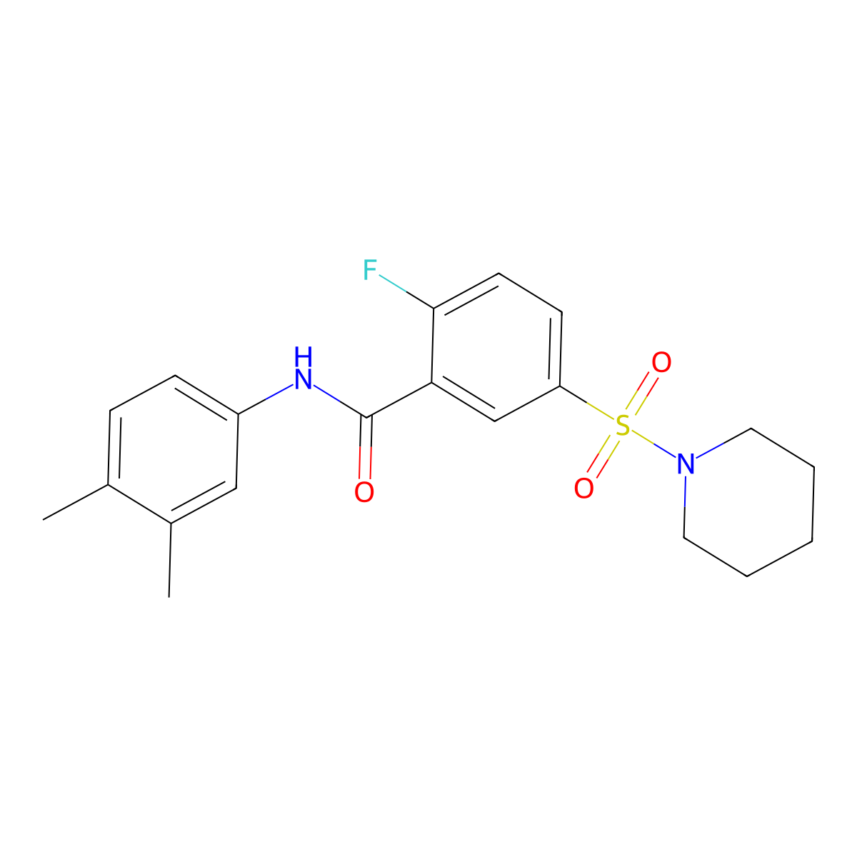 N-(3,4-dimethylphenyl)-2-fluoro-5-piperidin-1-ylsulfonylbenzamide molecular structure, CAS 451515-27-8