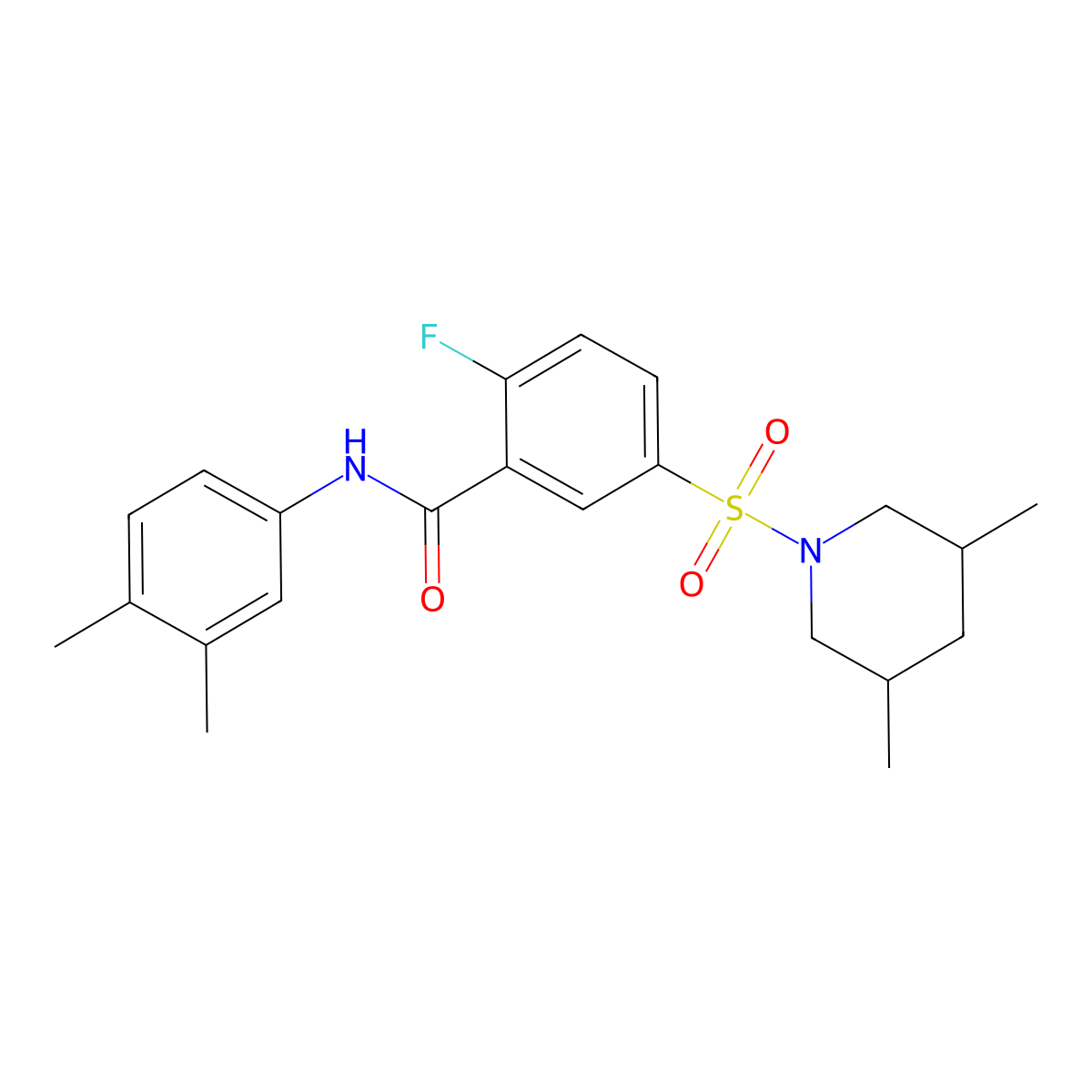 N-(3,4-dimethylphenyl)-5-((3,5-dimethylpiperidin-1-yl)sulfonyl)-2-fluorobenzamide molecular structure, CAS 451515-33-6