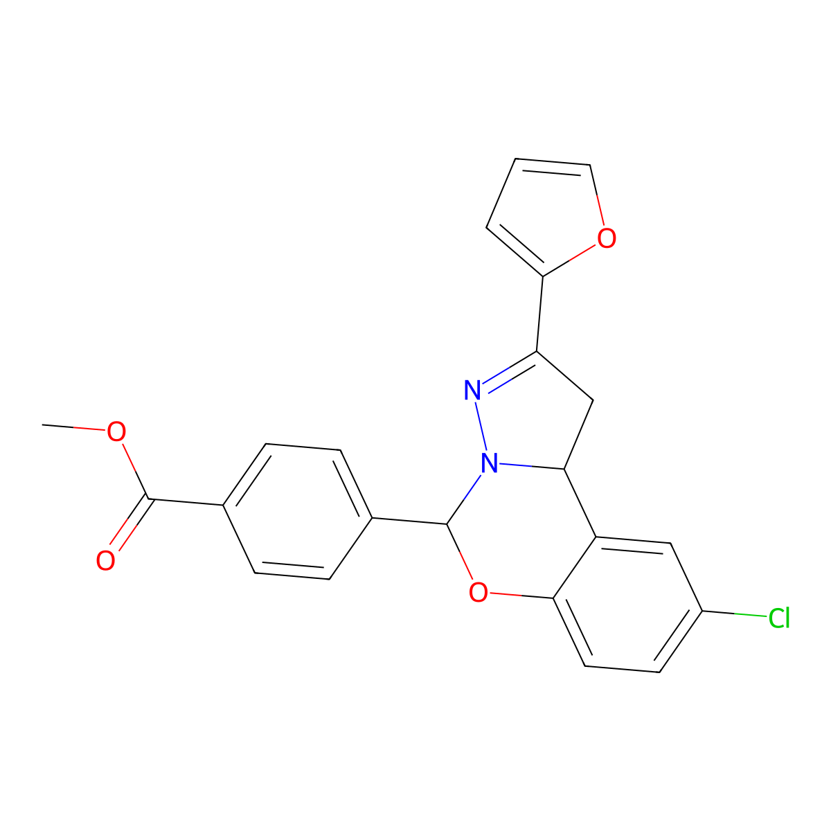 Methyl 4-[9-chloro-2-(2-furyl)-1,10b-dihydropyrazolo[1,5-c][1,3]benzoxazin-5-yl]benzoate molecular structure, CAS 452052-23-2