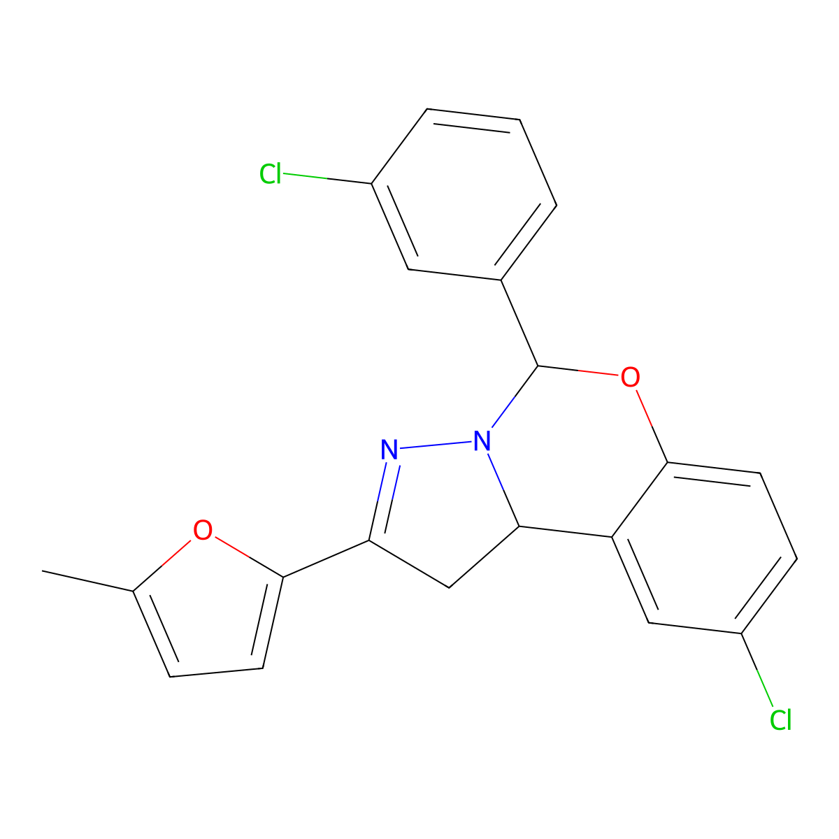 9-Chloro-5-(3-chlorophenyl)-2-(5-methyl-2-furyl)-1,10b-dihydropyrazolo[1,5-c][1,3]benzoxazine molecular structure, CAS 452052-25-4