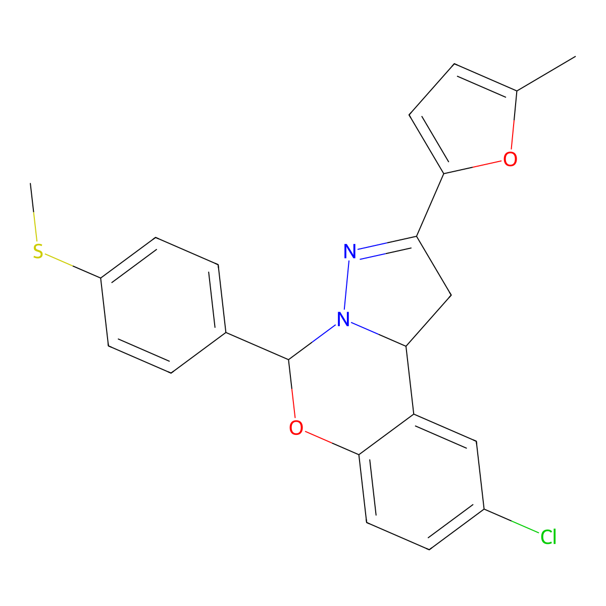 9-Chloro-2-(5-methyl-2-furyl)-5-[4-(methylthio)phenyl]-1,10b-dihydropyrazolo[1,5-c][1,3]benzoxazine molecular structure, CAS 452052-27-6