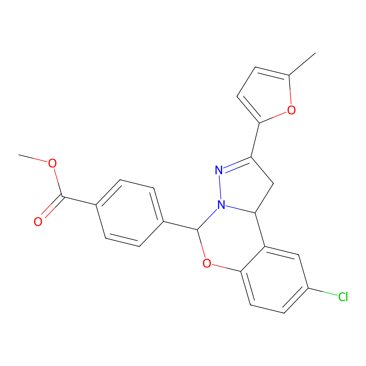 Methyl 4-[9-chloro-2-(5-methyl-2-furyl)-1,10b-dihydropyrazolo[1,5-c][1,3]benzoxazin-5-yl]benzoate molecular structure, CAS 452052-28-7