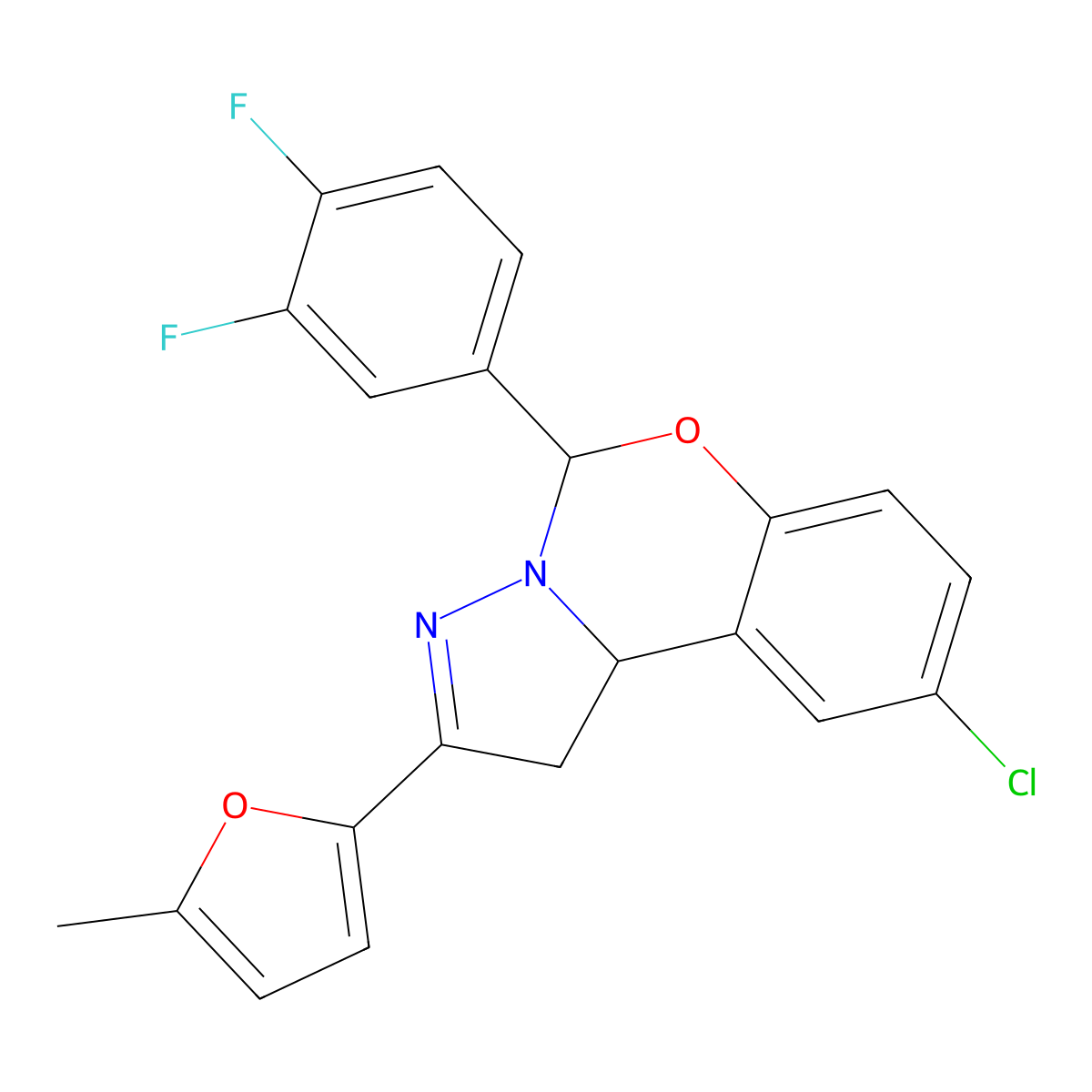 9-Chloro-5-(3,4-difluorophenyl)-2-(5-methyl-2-furyl)-1,10b-dihydropyrazolo[1,5-c][1,3]benzoxazine molecular structure, CAS 452052-29-8