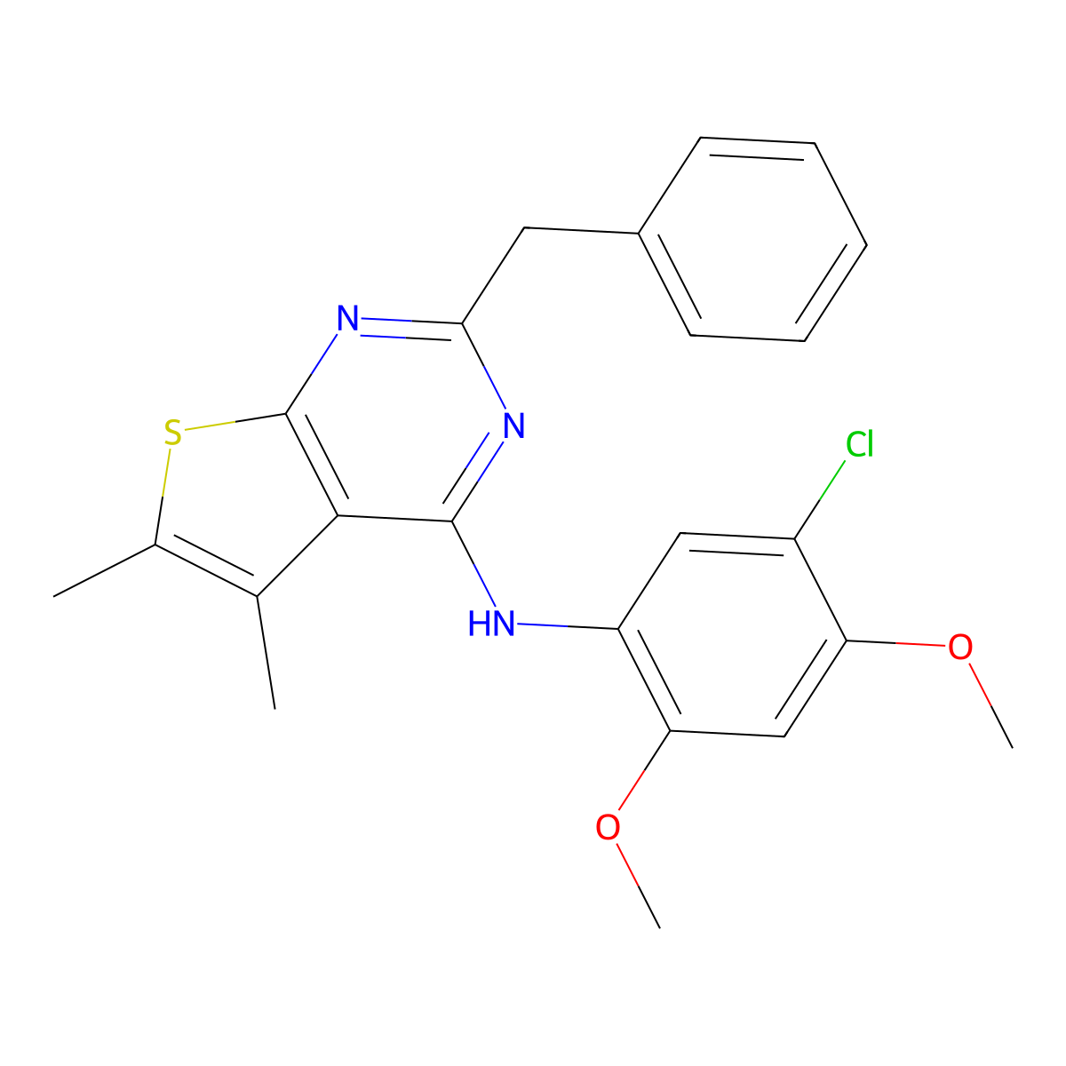 2-benzyl-N-(5-chloro-2,4-dimethoxyphenyl)-5,6-dimethylthieno[2,3-d]pyrimidin-4-amine molecular structure, CAS 452052-62-9