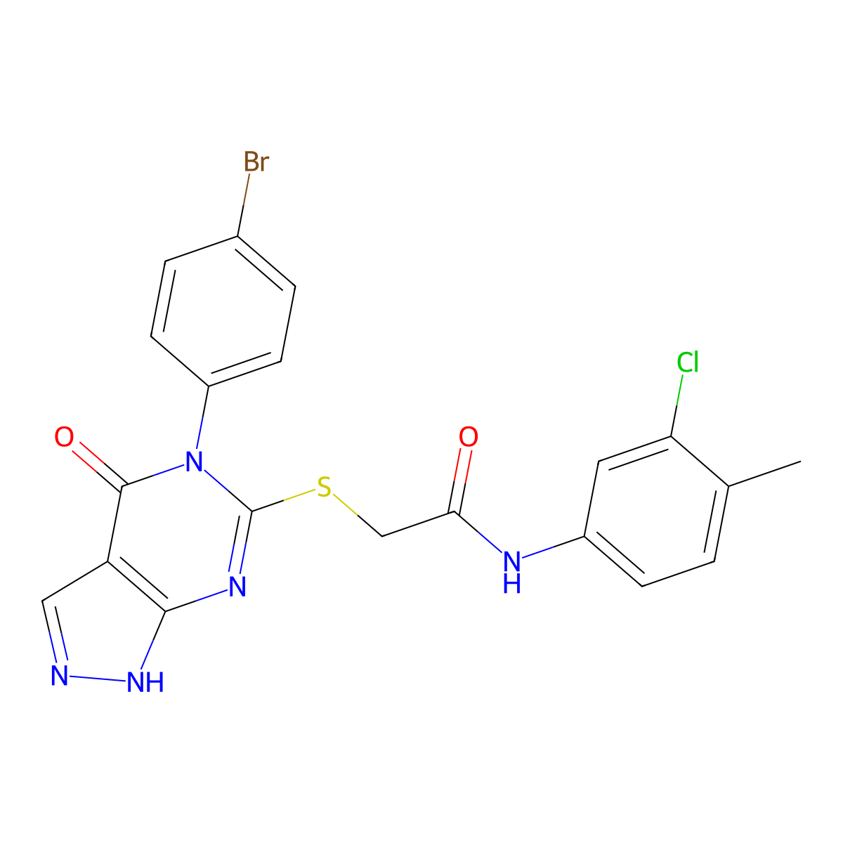 2-((5-(4-bromophenyl)-4-oxo-4,5-dihydro-1H-pyrazolo[3,4-d]pyrimidin-6-yl)thio)-N-(3-chloro-4-methylphenyl)acetamide molecular structure, CAS 452054-53-4