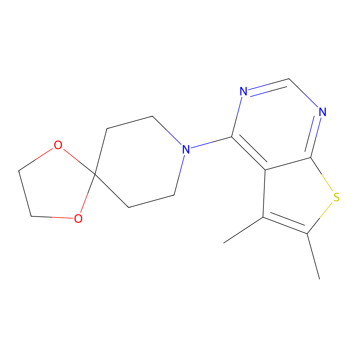 8-{5,6-Dimethylthieno[2,3-d]pyrimidin-4-yl}-1,4-dioxa-8-azaspiro[4.5]decane molecular structure, CAS 452059-78-8
