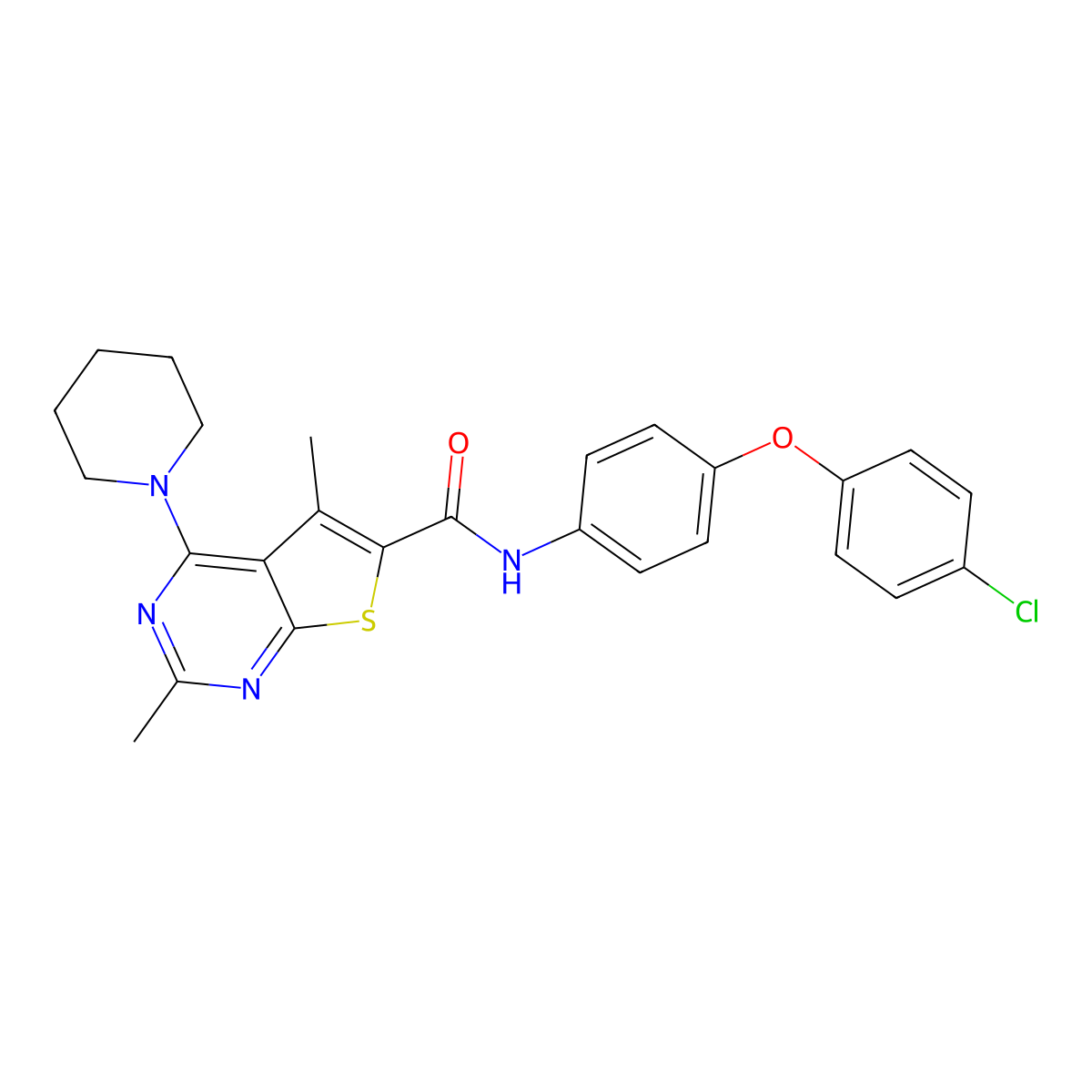 N-(4-(4-chlorophenoxy)phenyl)-2,5-dimethyl-4-(piperidin-1-yl)thieno[2,3-d]pyrimidine-6-carboxamide molecular structure, CAS 452062-73-6