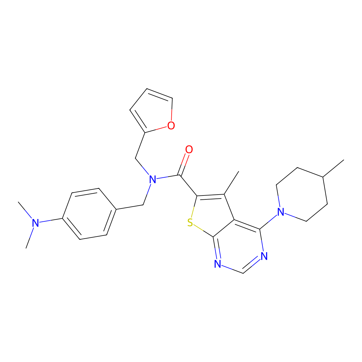 N-(4-(dimethylamino)benzyl)-N-(furan-2-ylmethyl)-5-methyl-4-(4-methylpiperidin-1-yl)thieno[2,3-d]pyrimidine-6-carboxamide molecular structure, CAS 452063-57-9