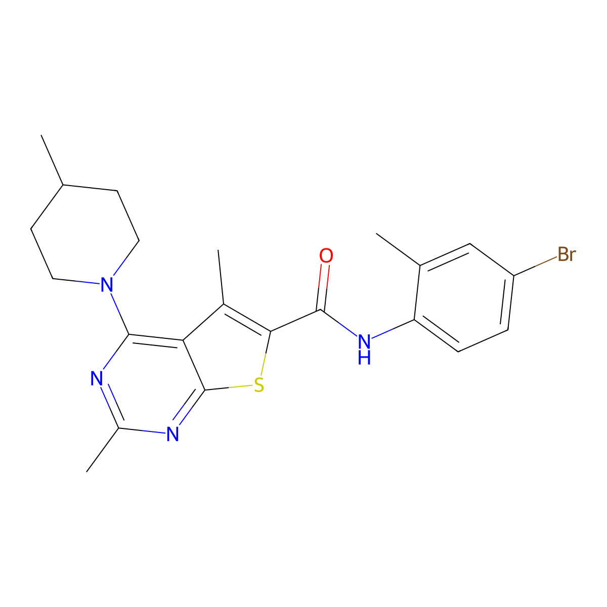 N-(4-bromo-2-methylphenyl)-2,5-dimethyl-4-(4-methylpiperidin-1-yl)thieno[2,3-d]pyrimidine-6-carboxamide molecular structure, CAS 452063-71-7