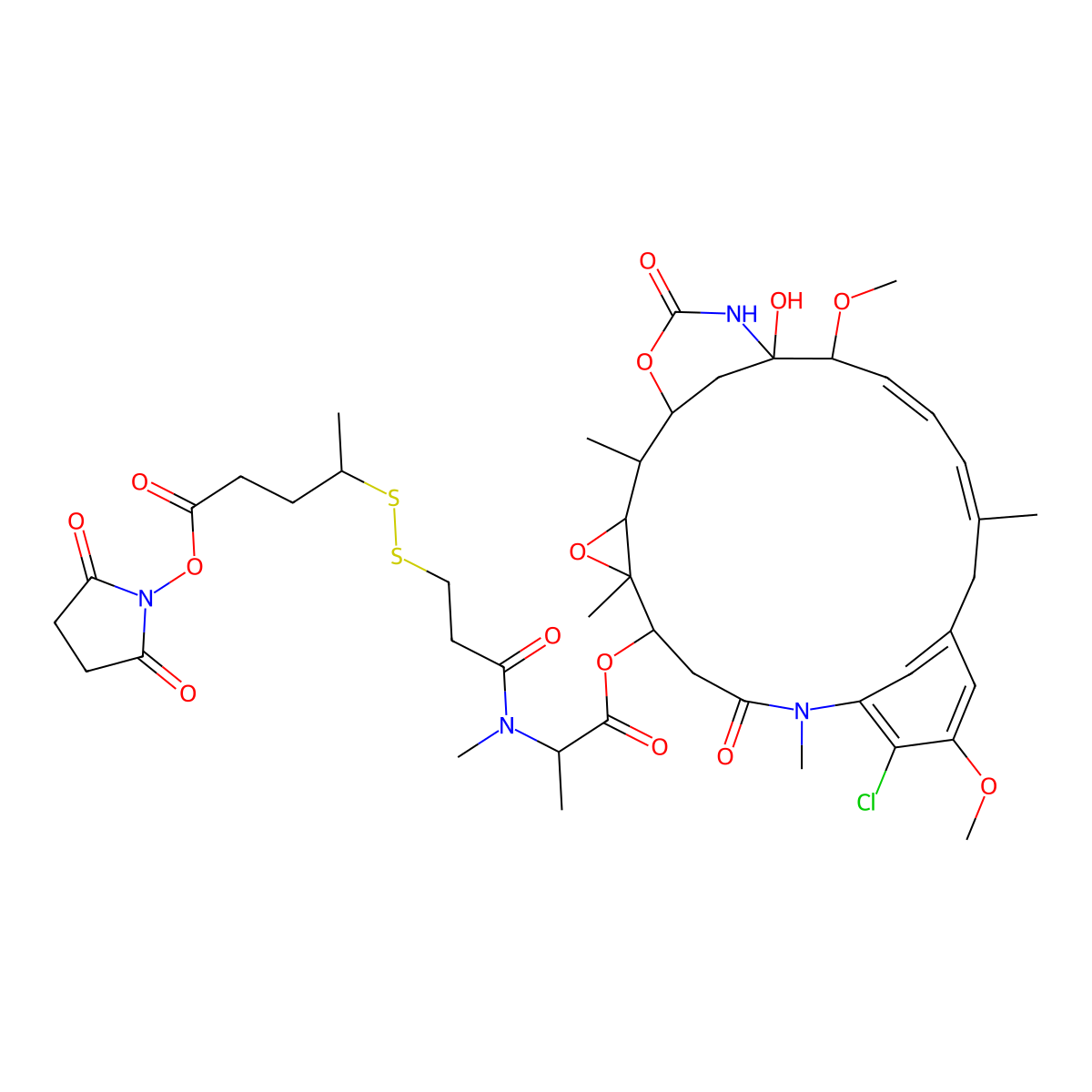 (2,5-Dioxopyrrolidin-1-yl) 4-[[3-[[1-[(11-chloro-21-hydroxy-12,20-dimethoxy-2,5,9,16-tetramethyl-8,23-dioxo-4,24-dioxa-9,22-diazatetracyclo[19.3.1.110,14.03,5]hexacosa-10,12,14(26),16,18-pentaen-6-yl)oxy]-1-oxopropan-2-yl]-methylamino]-3-oxopropyl]disulfanyl]pentanoate molecular structure, CAS 452072-20-7
