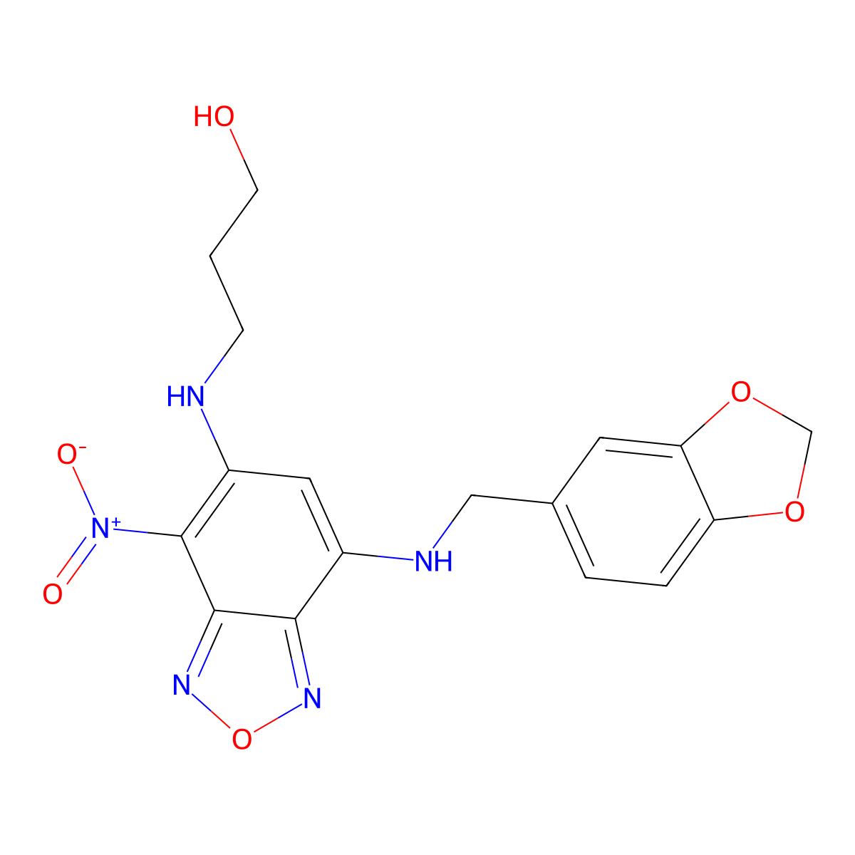 3-[[7-(1,3-Benzodioxol-5-ylmethylamino)-4-nitro-2,1,3-benzoxadiazol-5-yl]amino]propan-1-ol molecular structure, CAS 452086-85-0