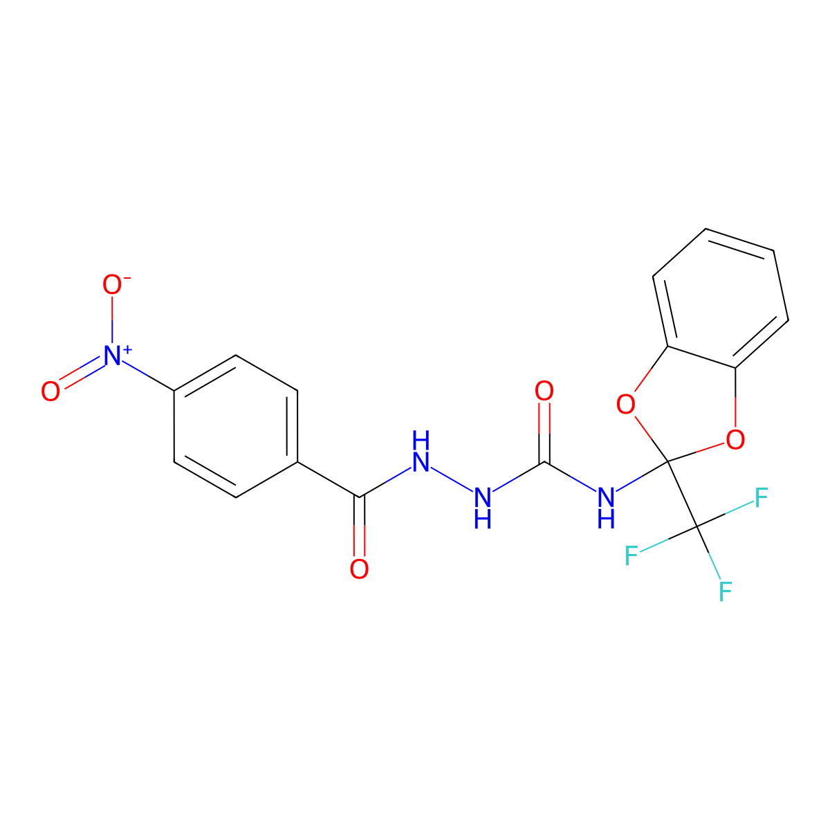 2-(4-nitrobenzoyl)-N-(2-(trifluoromethyl)benzo[d][1,3]dioxol-2-yl)hydrazinecarboxamide molecular structure, CAS 452088-98-1