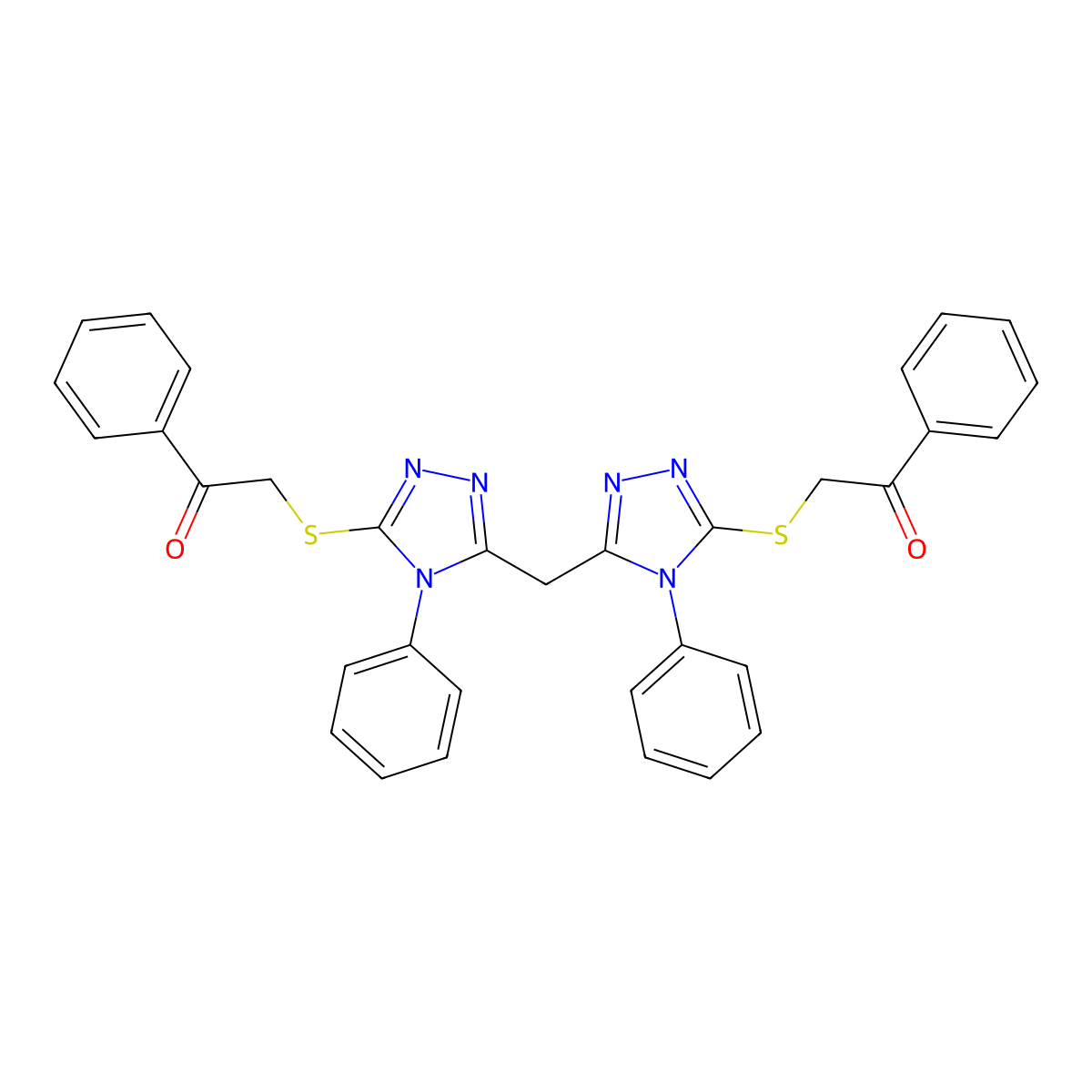 2-[[5-[(5-Phenacylsulfanyl-4-phenyl-1,2,4-triazol-3-yl)methyl]-4-phenyl-1,2,4-triazol-3-yl]sulfanyl]-1-phenylethanone molecular structure, CAS 452089-18-8