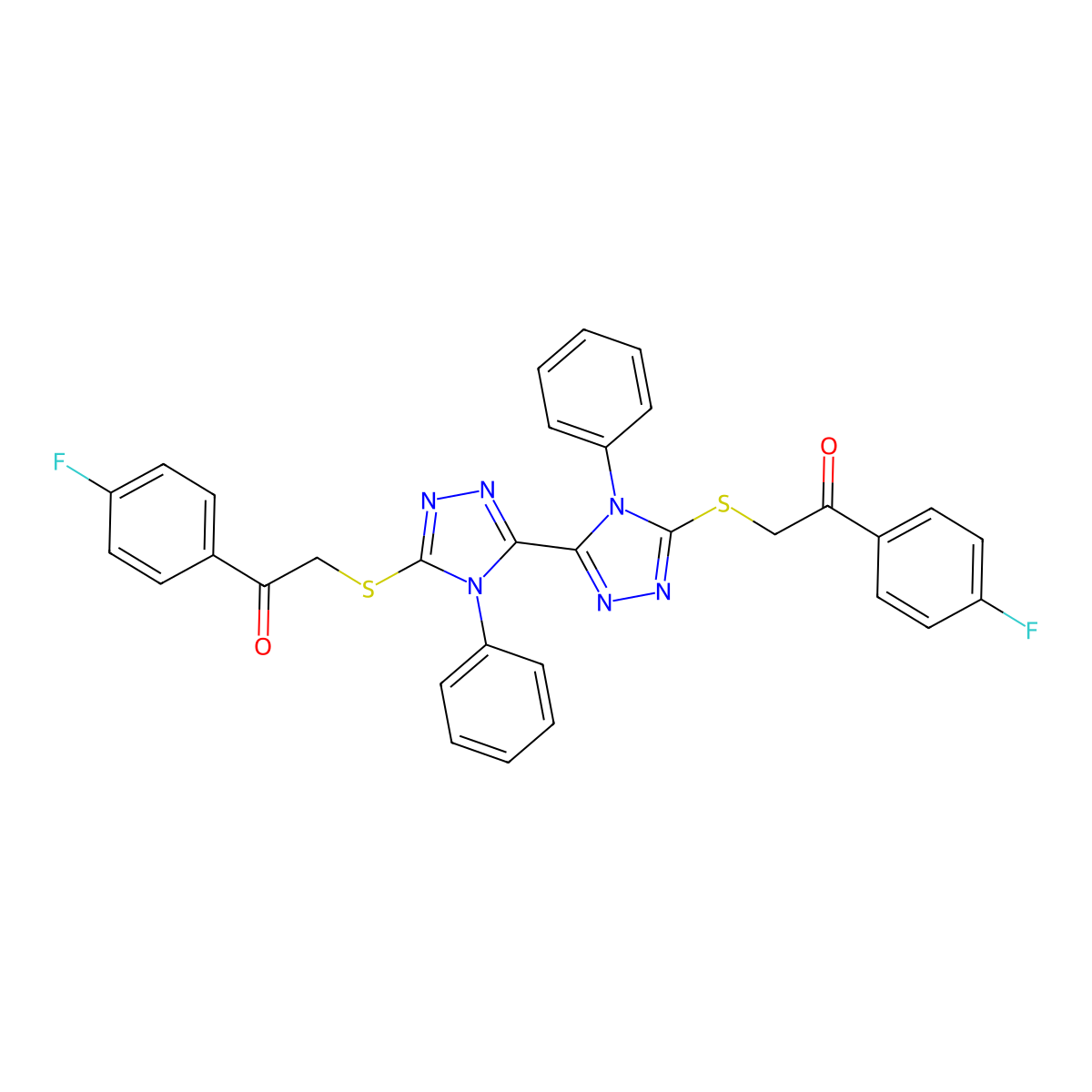 1-(4-Fluorophenyl)-2-[[5-[5-[2-(4-fluorophenyl)-2-oxoethyl]sulfanyl-4-phenyl-1,2,4-triazol-3-yl]-4-phenyl-1,2,4-triazol-3-yl]sulfanyl]ethanone molecular structure, CAS 452089-22-4