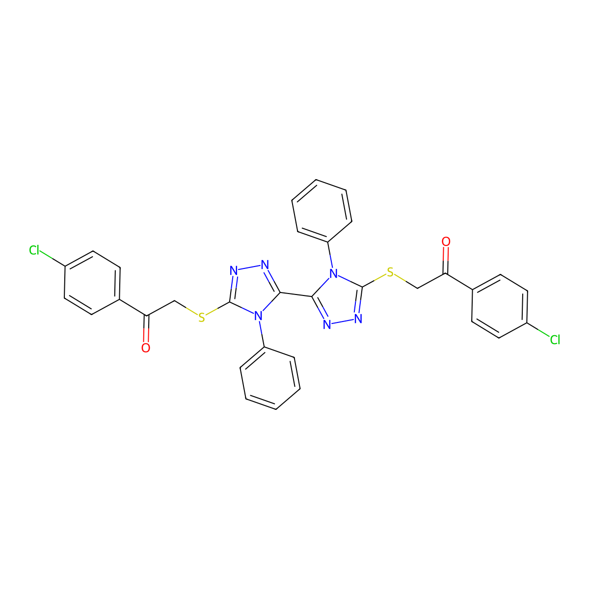 1-(4-Chlorophenyl)-2-[[5-[5-[2-(4-chlorophenyl)-2-oxoethyl]sulfanyl-4-phenyl-1,2,4-triazol-3-yl]-4-phenyl-1,2,4-triazol-3-yl]sulfanyl]ethanone molecular structure, CAS 452089-28-0