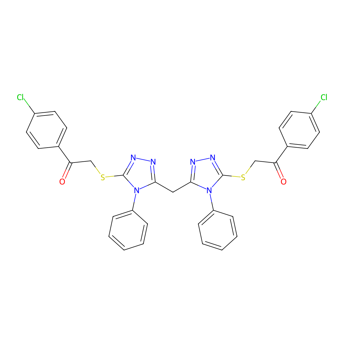1-(4-Chlorophenyl)-2-[[5-[[5-[2-(4-chlorophenyl)-2-oxoethyl]sulfanyl-4-phenyl-1,2,4-triazol-3-yl]methyl]-4-phenyl-1,2,4-triazol-3-yl]sulfanyl]ethanone molecular structure, CAS 452089-29-1