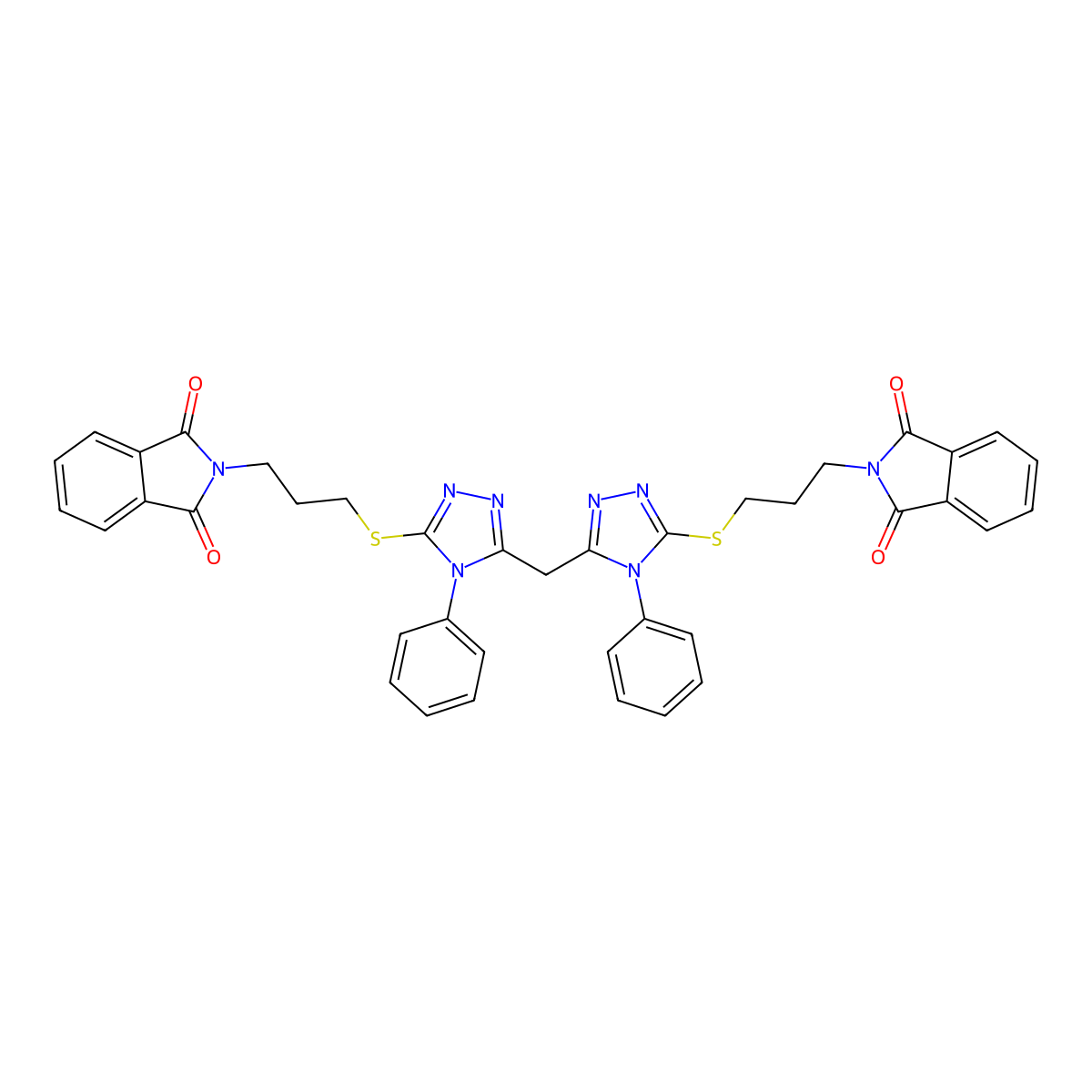 2,2'-(((5,5'-methylenebis(4-phenyl-4H-1,2,4-triazole-5,3-diyl))bis(sulfanediyl))bis(propane-3,1-diyl))bis(isoindoline-1,3-dione) molecular structure, CAS 452089-31-5