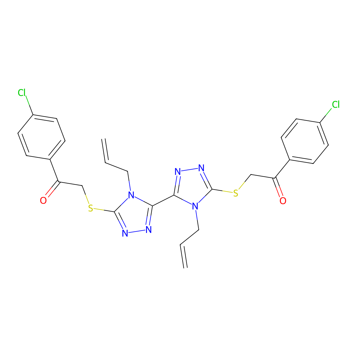 1-(4-Chlorophenyl)-2-[[5-[5-[2-(4-chlorophenyl)-2-oxoethyl]sulfanyl-4-prop-2-enyl-1,2,4-triazol-3-yl]-4-prop-2-enyl-1,2,4-triazol-3-yl]sulfanyl]ethanone molecular structure, CAS 452089-35-9