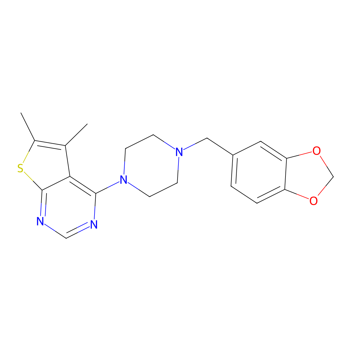 4-(4-(Benzo[d][1,3]dioxol-5-ylmethyl)piperazin-1-yl)-5,6-dimethylthieno[2,3-d]pyrimidine molecular structure, CAS 452090-16-3