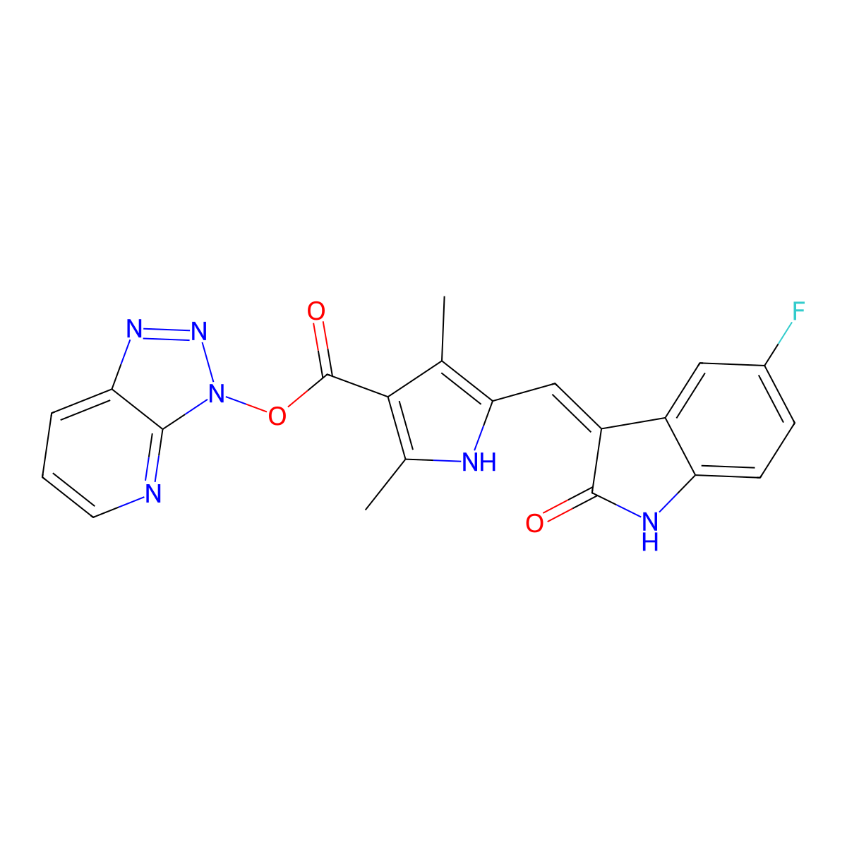 3H-[1,2,3]triazolo[4,5-b]pyridin-3-yl (Z)-5-((5-fluoro-2-oxoindolin-3-ylidene)methyl)-2,4-dimethyl-1H-pyrrole-3-carboxylate molecular structure, CAS 452105-55-4