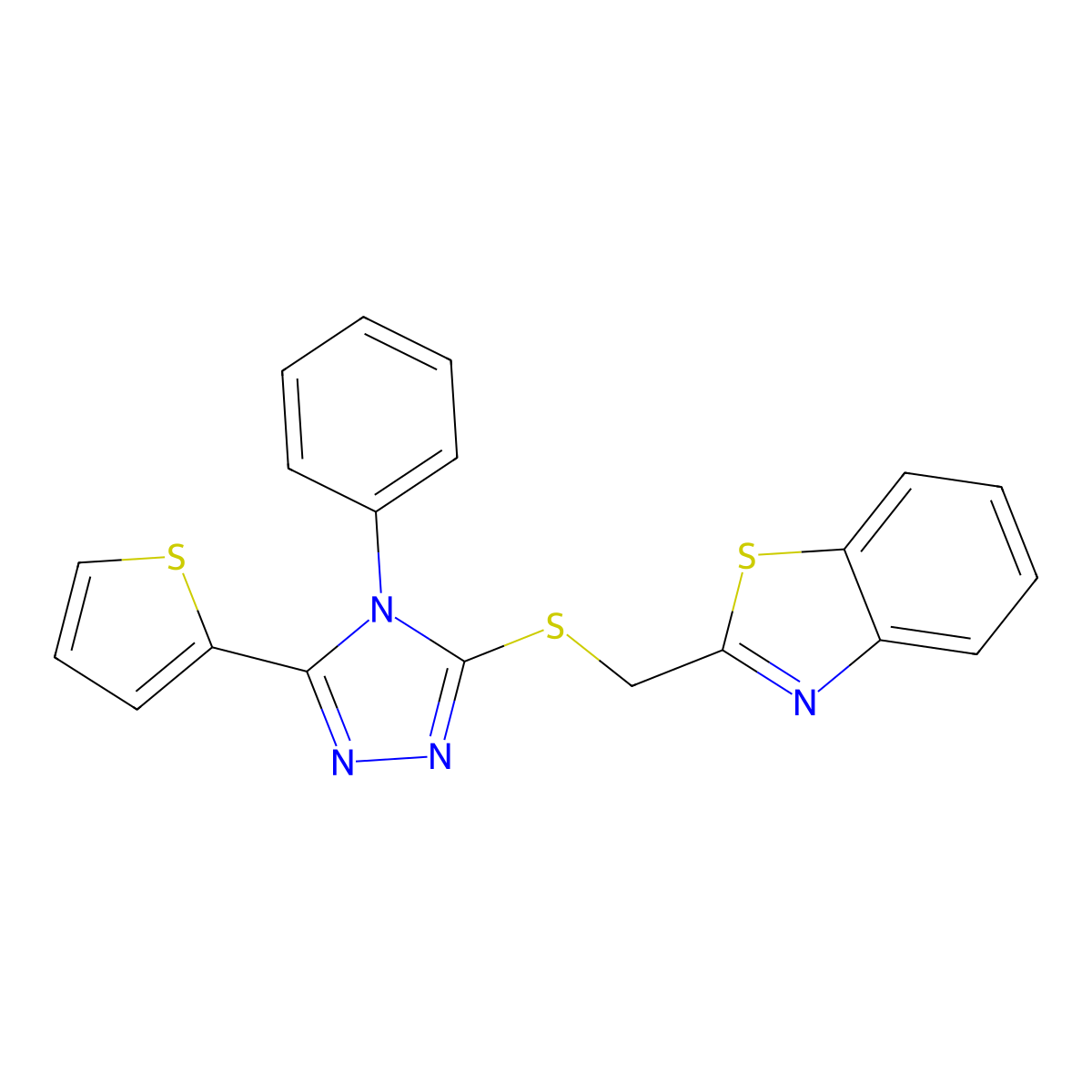 2-({[4-phenyl-5-(thiophen-2-yl)-4H-1,2,4-triazol-3-yl]sulfanyl}methyl)-1,3-benzothiazole molecular structure, CAS 452293-84-4