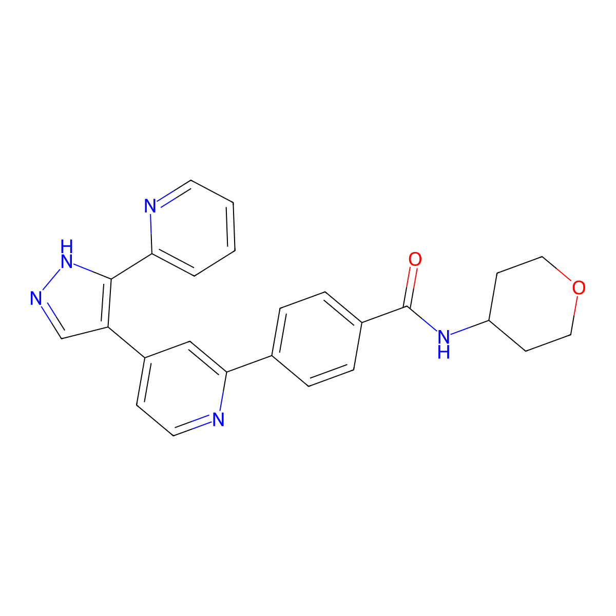 4-(4-(3-(pyridin-2-yl)-1H-pyrazol-4-yl)pyridin-2-yl)-N-(tetrahydro-2H-pyran-4-yl)benzamide molecular structure, CAS 452342-67-5