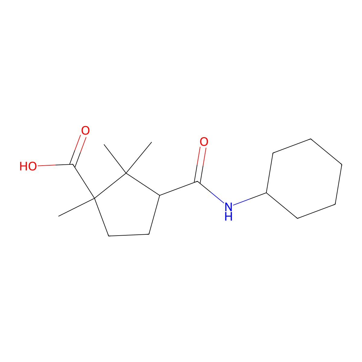 3-Cyclohexylcarbamoyl-1,2,2-trimethyl-cyclopentanecarboxylic acid molecular structure, CAS 452346-64-4