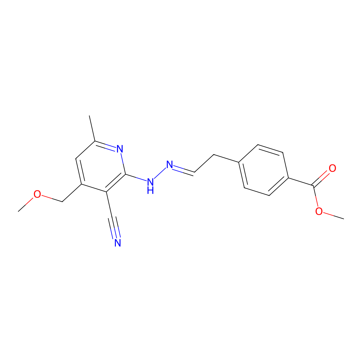 Methyl 4-(2-{2-[3-cyano-4-(methoxymethyl)-6-methylpyridin-2-yl]hydrazinylidene}ethyl)benzoate molecular structure, CAS 4529-63-9