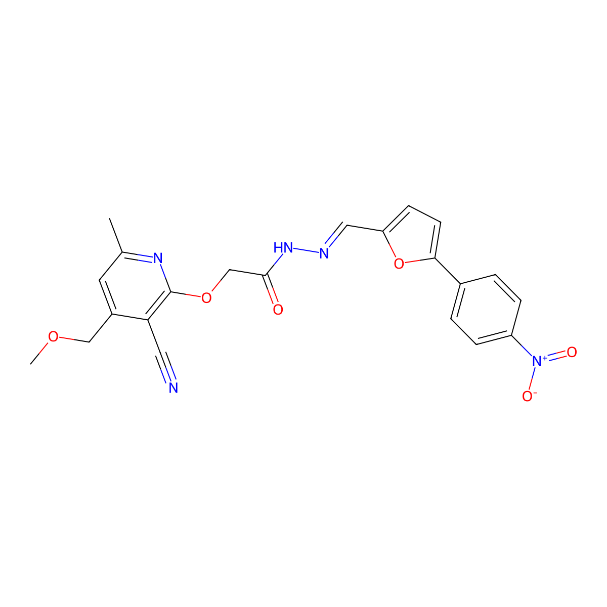 2-{[3-Cyano-4-(methoxymethyl)-6-methylpyridin-2-yl]oxy}-N'-{[5-(4-nitrophenyl)furan-2-yl]methylidene}acetohydrazide molecular structure, CAS 4529-64-0