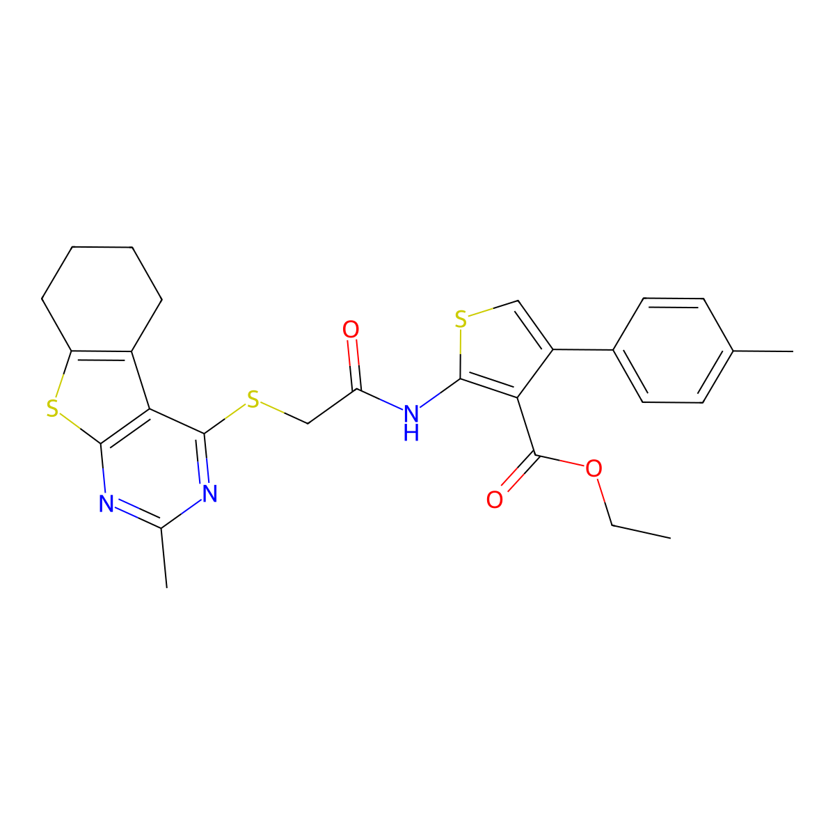 Ethyl 4-(4-methylphenyl)-2-[[2-[(2-methyl-5,6,7,8-tetrahydro-[1]benzothiolo[2,3-d]pyrimidin-4-yl)sulfanyl]acetyl]amino]thiophene-3-carboxylate molecular structure, CAS 452923-37-4