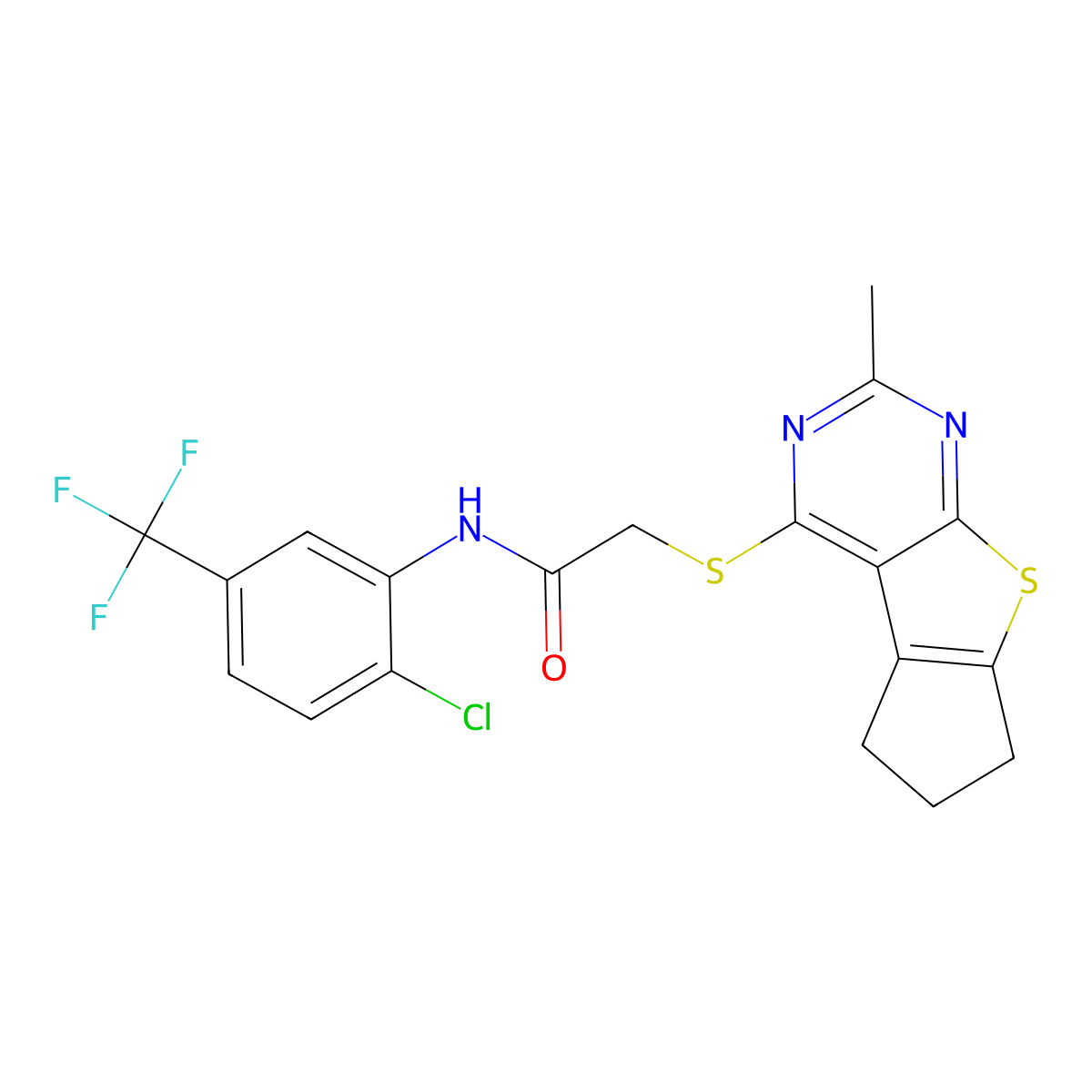 N-[2-chloro-5-(trifluoromethyl)phenyl]-2-({10-methyl-7-thia-9,11-diazatricyclo[6.4.0.0^{2,6}]dodeca-1(8),2(6),9,11-tetraen-12-yl}sulfanyl)acetamide molecular structure, CAS 452923-38-5