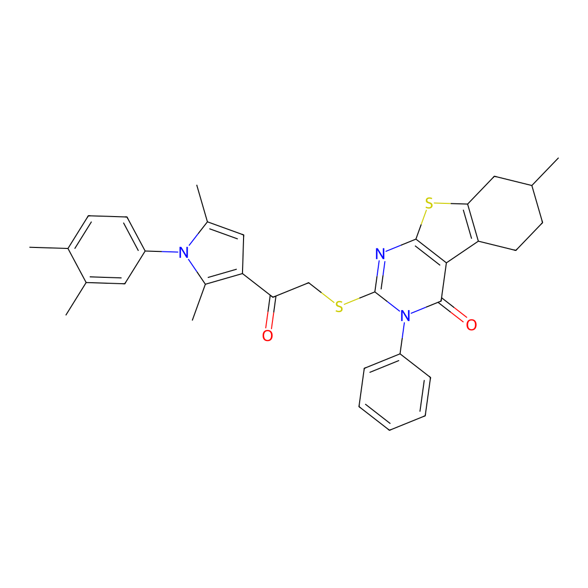 2-[2-[1-(3,4-Dimethylphenyl)-2,5-dimethylpyrrol-3-yl]-2-oxoethyl]sulfanyl-7-methyl-3-phenyl-5,6,7,8-tetrahydro-[1]benzothiolo[2,3-d]pyrimidin-4-one molecular structure, CAS 452923-42-1