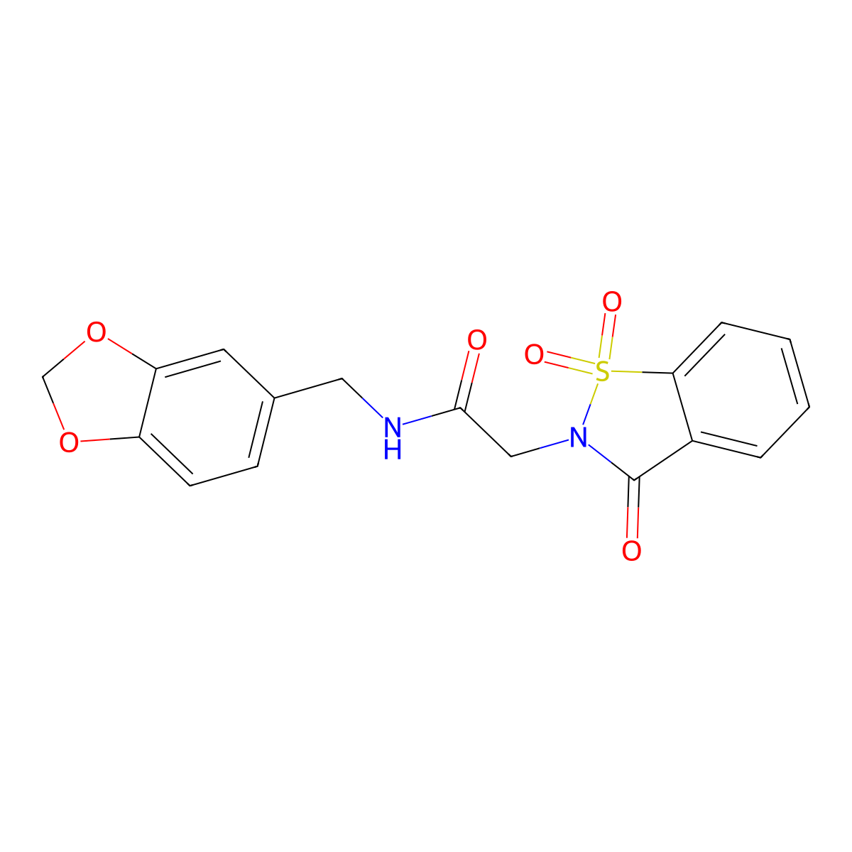 N-(1,3-benzodioxol-5-ylmethyl)-2-(1,1,3-trioxo-1,2-benzothiazol-2-yl)acetamide molecular structure, CAS 452942-37-9